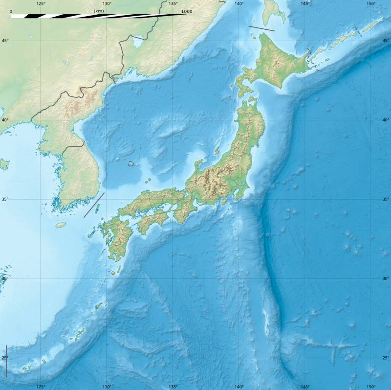 Japan relief location map
Equirectangular projection
Center of the map:
35°15'18" N - 136°46'12" E (35.255° - 136.77°)
Geographic limits of the map:
N: 47°33'36" N (47.56°N)
S: 22°57' N (22.95°N)
W: 121°57'36" E (121.96°E)
... Japan relief location map
Equirectangular projection
Center of the map:
35°15'18" N - 136°46'12" E (35.255° - 136.77°)
Geographic limits of the map:
N: 47°33'36" N (47.56°N)
S: 22°57' N (22.95°N)
W: 121°57'36" E (121.96°E)
...